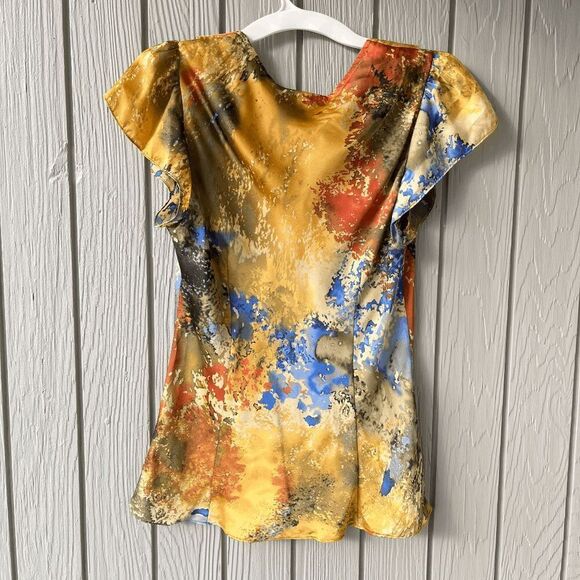 Sunny Leigh Ruffle Blouse Gold Multicolor Painterly Print Size L - Picture 3 of 4